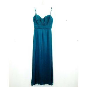 AMSALE Silk Blue Green Maxi Long Dress 4 SMALL Empire Waist Ruched Strappy Gown